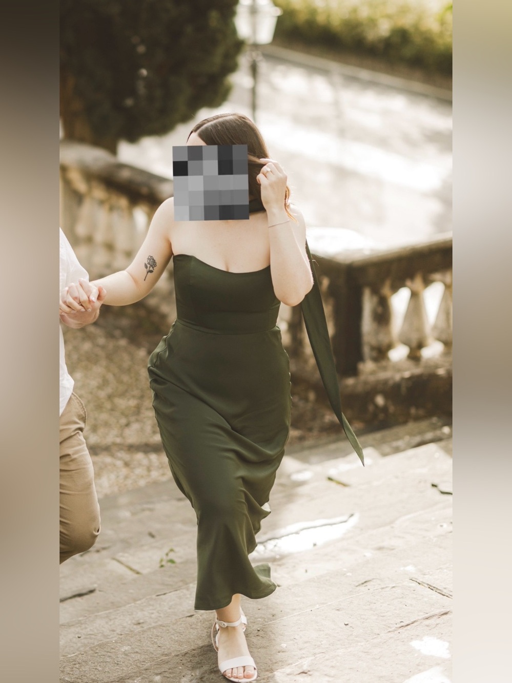 Park & Fifth Strapless Olive Green Satin Midi Dress and Scarf